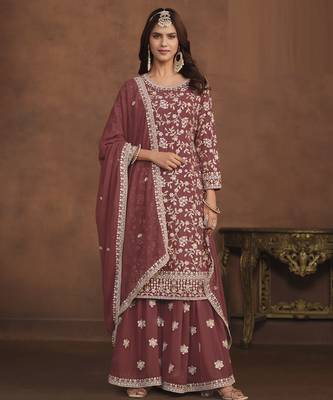 mauve embroidered georgette semi-stitched sharara salwar suit 1