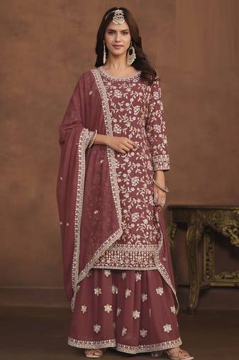 mauve embroidered georgette semi-stitched sharara salwar suit
