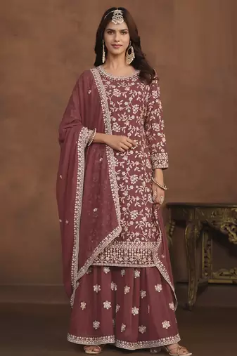 mauve embroidered georgette semi-stitched sharara salwar suit