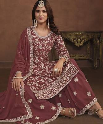 mauve embroidered georgette semi-stitched sharara salwar suit 2