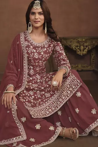 mauve embroidered georgette semi-stitched sharara salwar suit