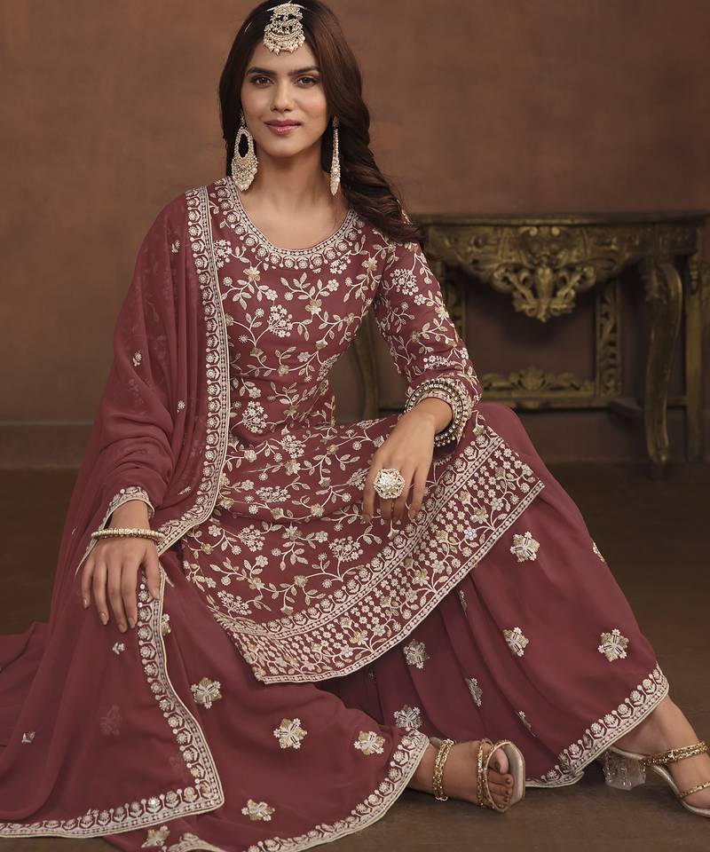 mauve embroidered georgette semi-stitched sharara salwar suit