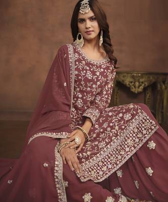 mauve embroidered georgette semi-stitched sharara salwar suit 3