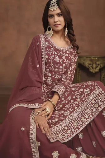 mauve embroidered georgette semi-stitched sharara salwar suit