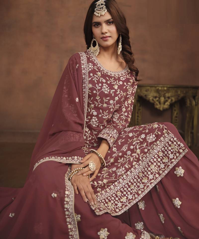 mauve embroidered georgette semi-stitched sharara salwar suit