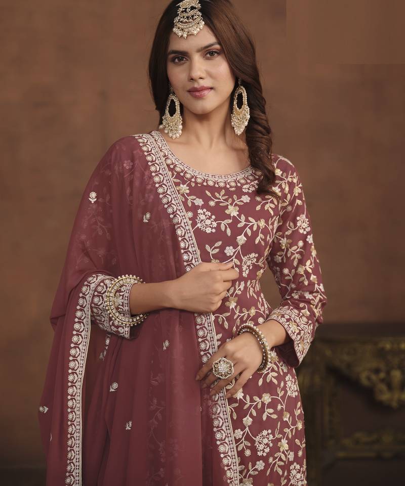 mauve embroidered georgette semi-stitched sharara salwar suit