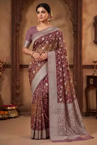 rosegold banarasi silk blend saree with floral zari jaal  work