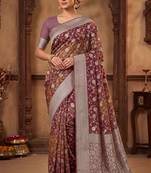 rosegold banarasi silk blend saree with floral zari jaal  work