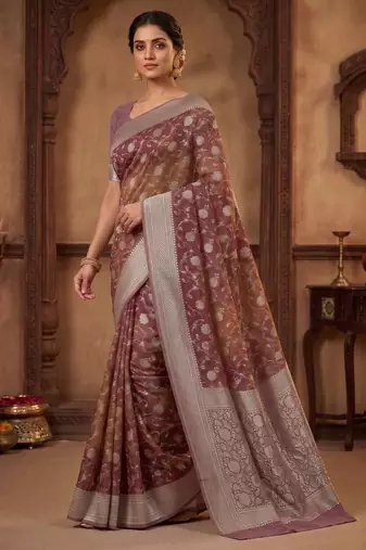 rosegold banarasi silk blend saree with floral zari jaal  work