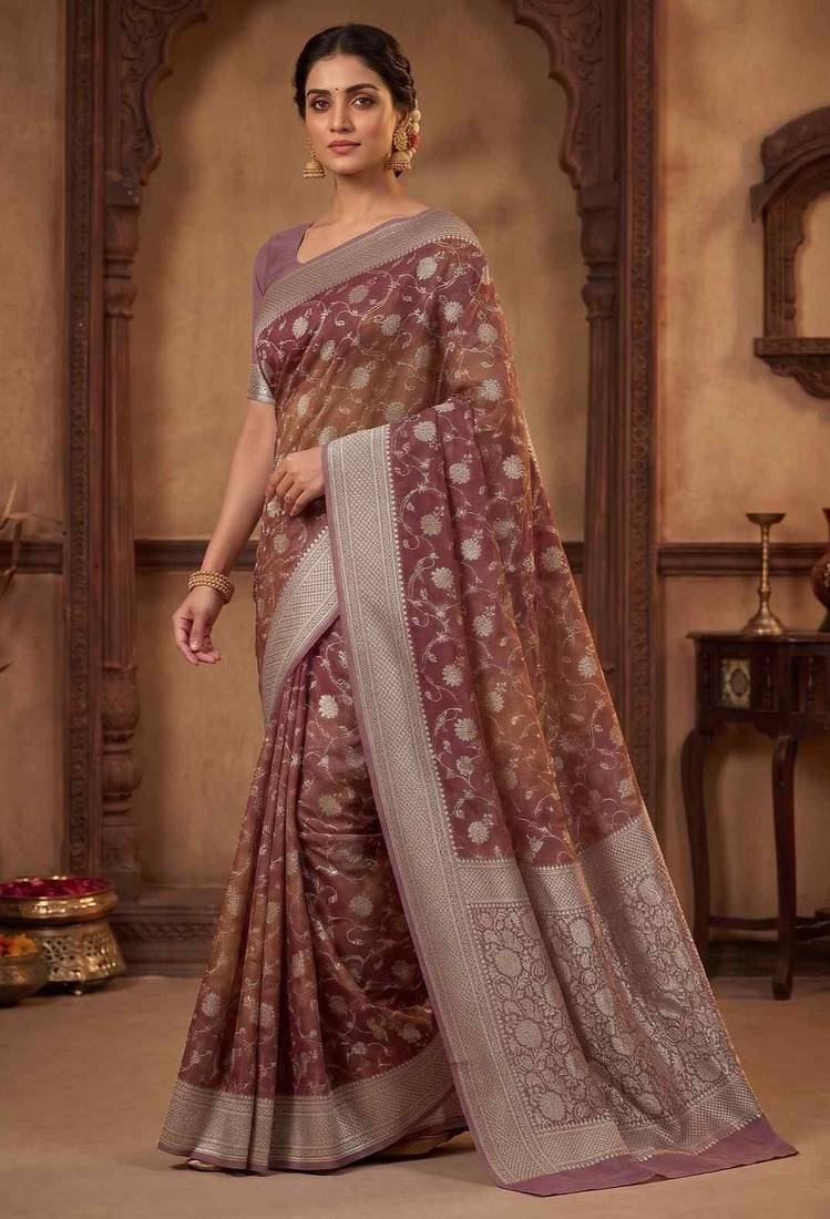 rosegold banarasi silk blend saree with floral zari jaal  work