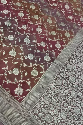 rosegold banarasi silk blend saree with floral zari jaal  work