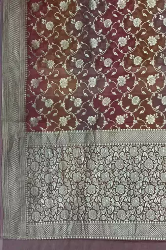 rosegold banarasi silk blend saree with floral zari jaal  work