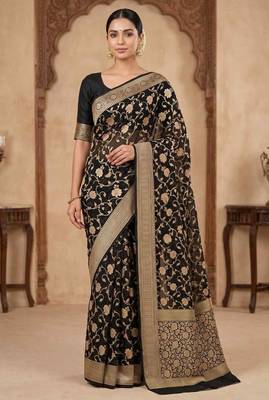 black banarasi silk blend saree with floral  zari jaal work 1