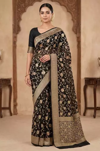 black banarasi silk blend saree with floral  zari jaal work
