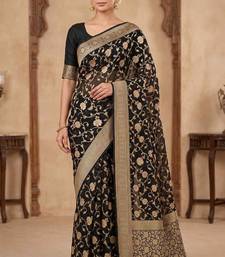 black banarasi silk blend saree with floral  zari jaal work