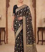 black banarasi silk blend saree with floral  zari jaal work