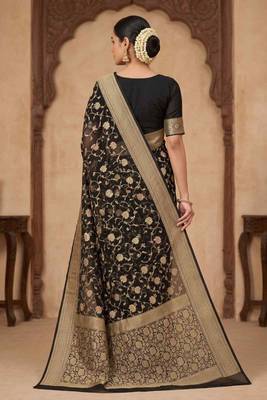 black banarasi silk blend saree with floral  zari jaal work 2