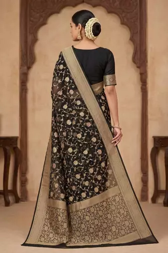 black banarasi silk blend saree with floral  zari jaal work