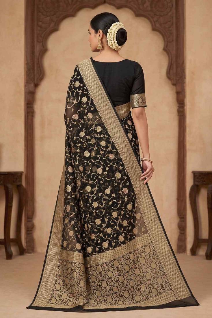 black banarasi silk blend saree with floral  zari jaal work