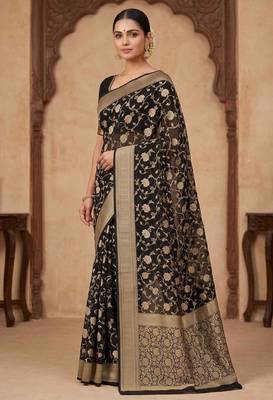 black banarasi silk blend saree with floral  zari jaal work 3