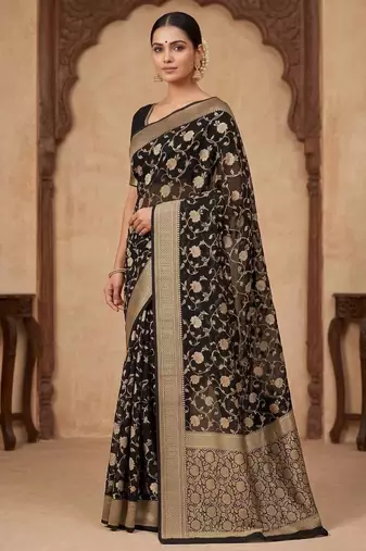 black banarasi silk blend saree with floral  zari jaal work