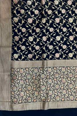 black banarasi silk blend saree with floral  zari jaal work 4