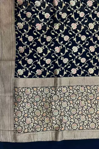 black banarasi silk blend saree with floral  zari jaal work