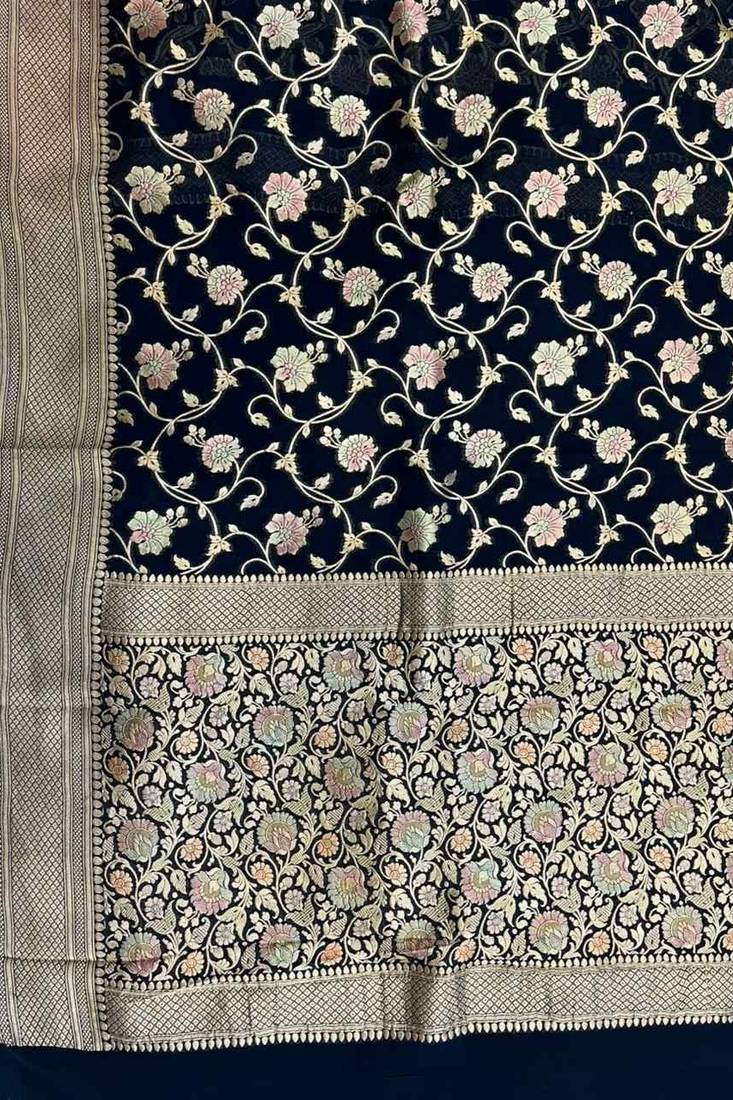 black banarasi silk blend saree with floral  zari jaal work