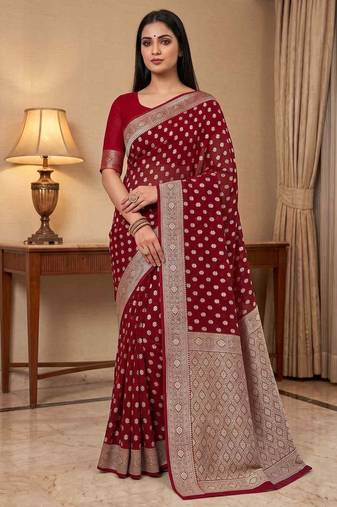 red banarasi silk blend saree with zari booti work