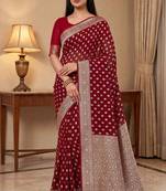 red banarasi silk blend saree with zari booti work