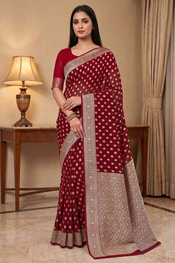 red banarasi silk blend saree with zari booti work