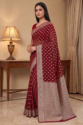 red banarasi silk blend saree with zari booti work 2