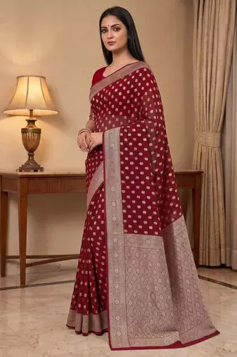 red banarasi silk blend saree with zari booti work