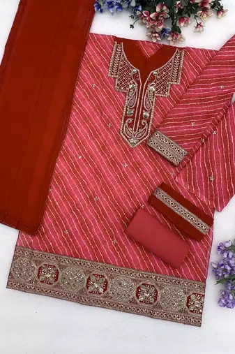 Red leheriya print embroidered georgette kurta set with dupatta