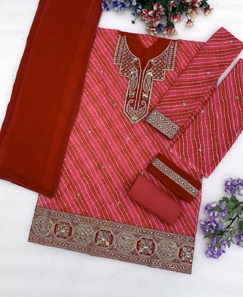 Red leheriya print embroidered georgette kurta set with dupatta