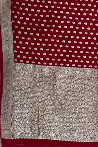 red banarasi silk blend saree with zari booti work