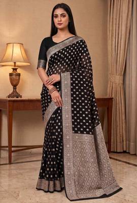 black banarasi silk blend saree with zari booti work 1