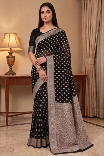 black banarasi silk blend saree with zari booti work