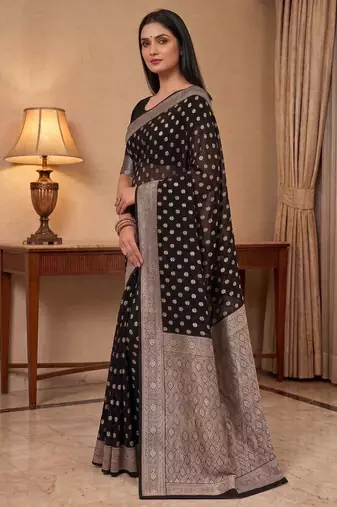 black banarasi silk blend saree with zari booti work