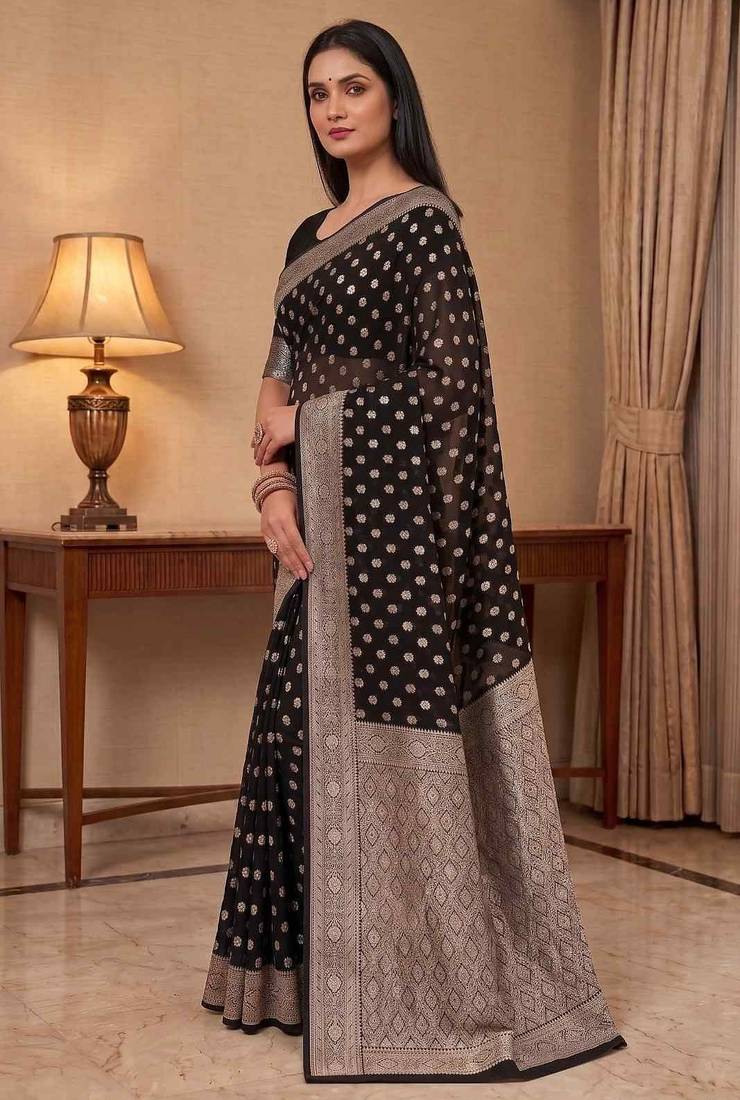 black banarasi silk blend saree with zari booti work