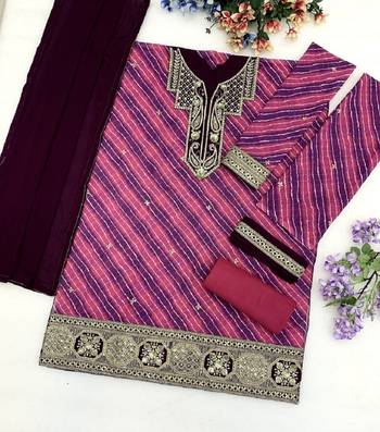 Pink  leheriya print embroidered georgette kurta set with dupatta 4
