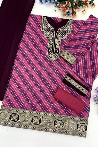 Pink  leheriya print embroidered georgette kurta set with dupatta