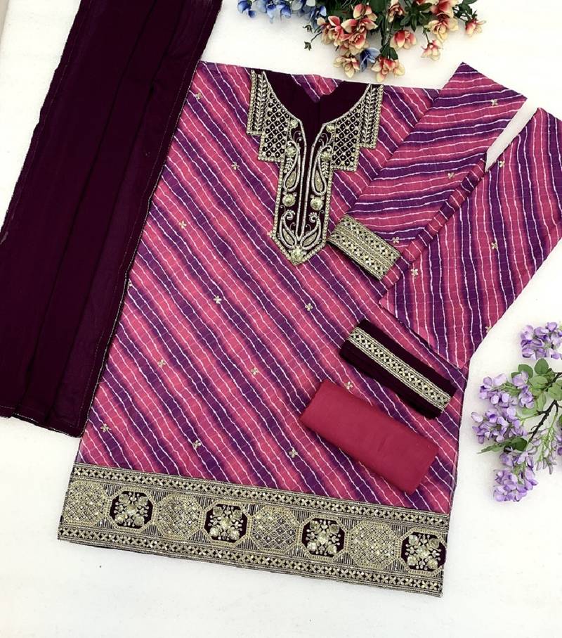 Pink  leheriya print embroidered georgette kurta set with dupatta