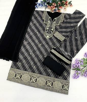 Black leheriya print embroidered georgette kurta set with dupatta 4
