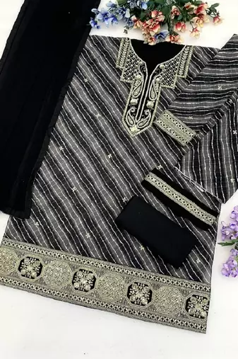 Black leheriya print embroidered georgette kurta set with dupatta