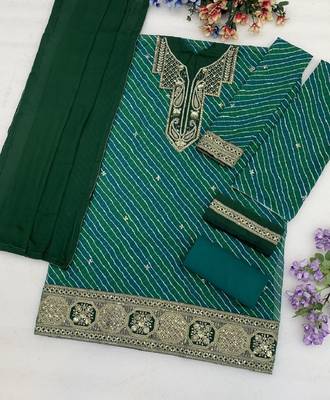 Green leheriya print embroidered georgette kurta set with dupatta 4