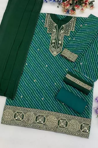 Green leheriya print embroidered georgette kurta set with dupatta