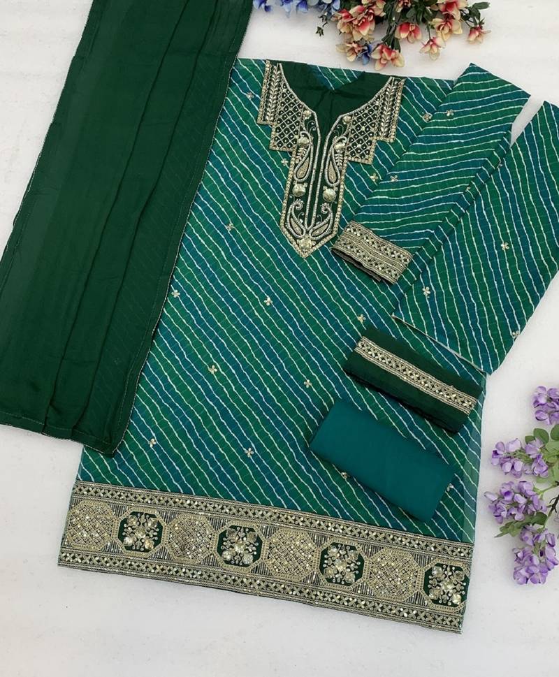 Green leheriya print embroidered georgette kurta set with dupatta