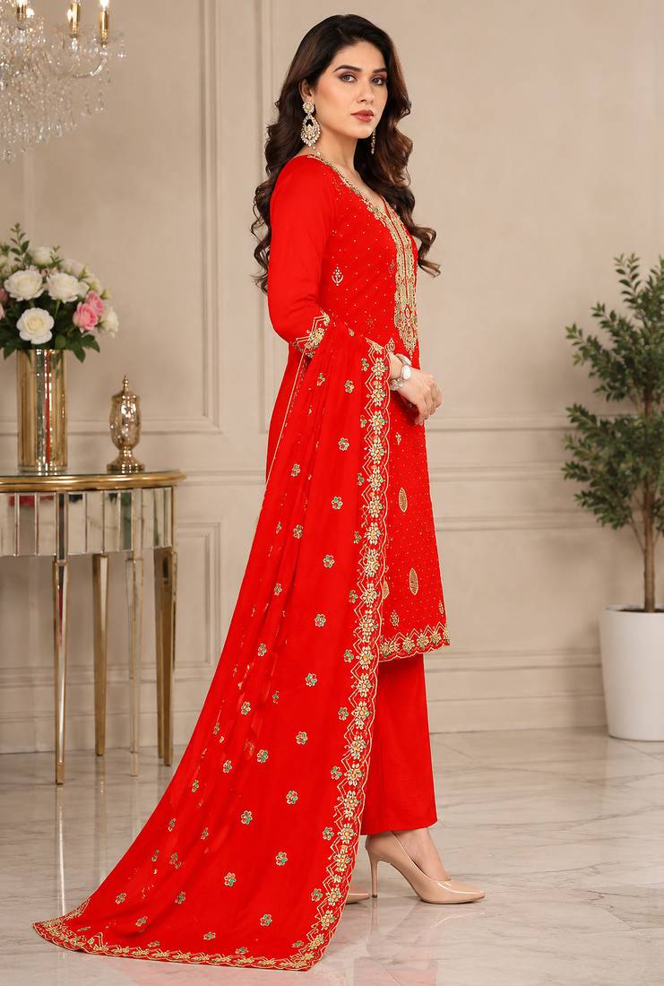 Women’s embroidered unstitched salwar suit dress material with dupatta