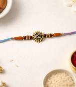 gold plated om designer rakhi with roli chawal & raksha bandhan card